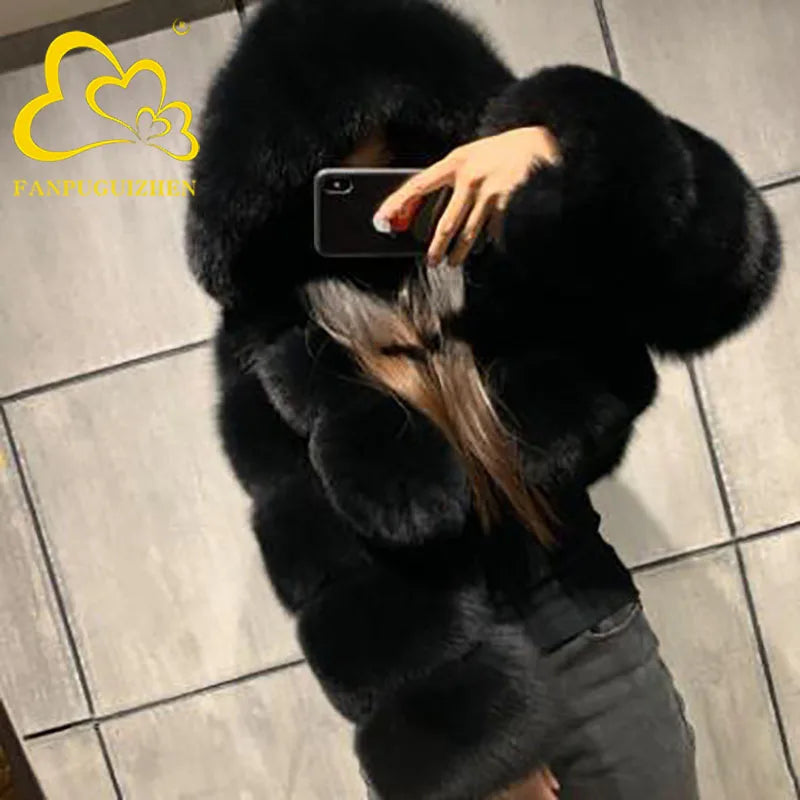 S-6XL Women Coat Autumn Winter Short Hooded Faux Fox Fur Coat Thick Warm Outerwear Fake Fur Woman Jackets Ladies Furry Coats