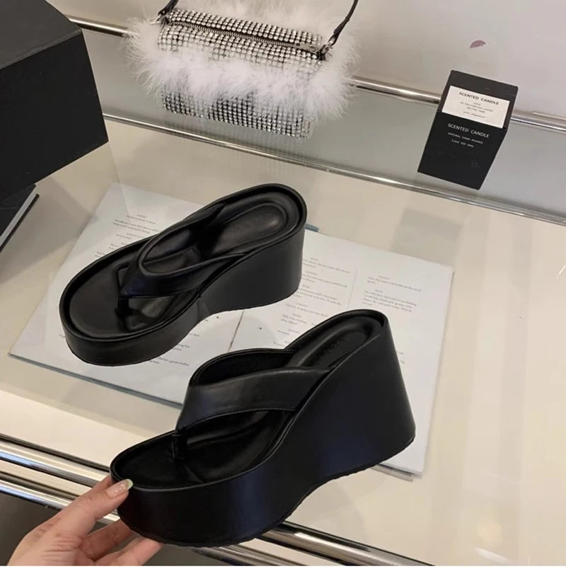 Design Summer Chunky Woman Slippers Fashion Platform Wedges High Heel Silvery Ladies Shoes Zapatillas De Mujer