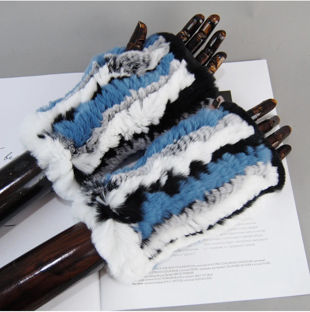 New Arrival Women Knit Fur Mitten Girls 100% Real Genuine Knitted Rex Rabbit Fur Mittens Winter Warm Real Fur Fingerless Gloves
