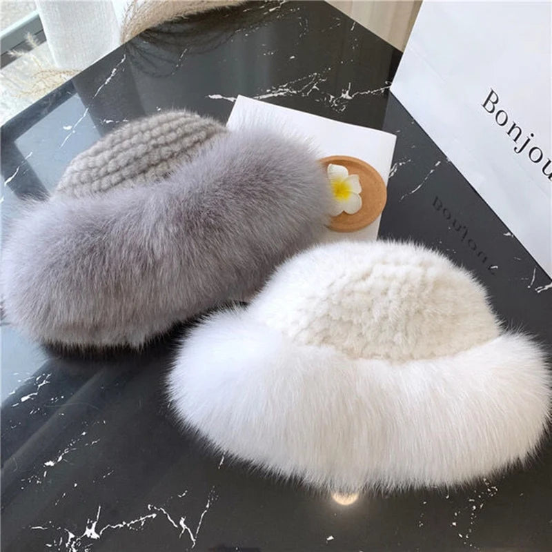 New Genuine Real Natural Knitted Mink Fur Hat Cap Luxury Women Handmade Knit Fashion Winter Headwear Warm Real Fox Fur Beanies