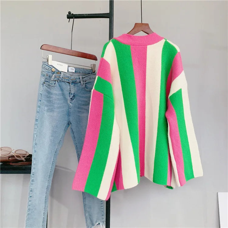 Joskaa Striped Patchwork Knitted Cardigan Women V-Neck Long Sleeve Single Breasted Sweater Coat Autumn 2023 Outwear Streetwear