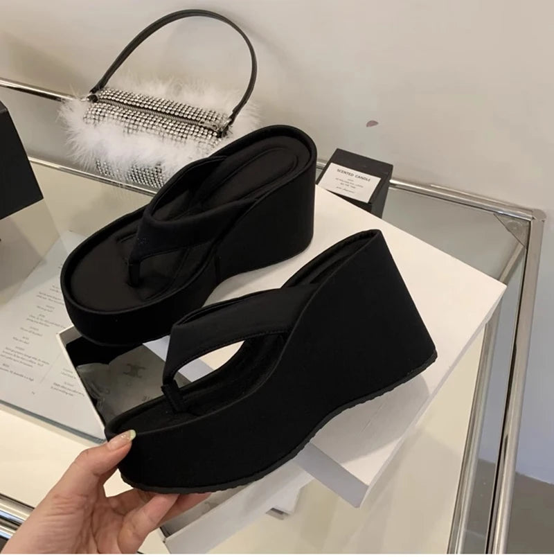 Design Summer Chunky Woman Slippers Fashion Platform Wedges High Heel Silvery Ladies Shoes Zapatillas De Mujer