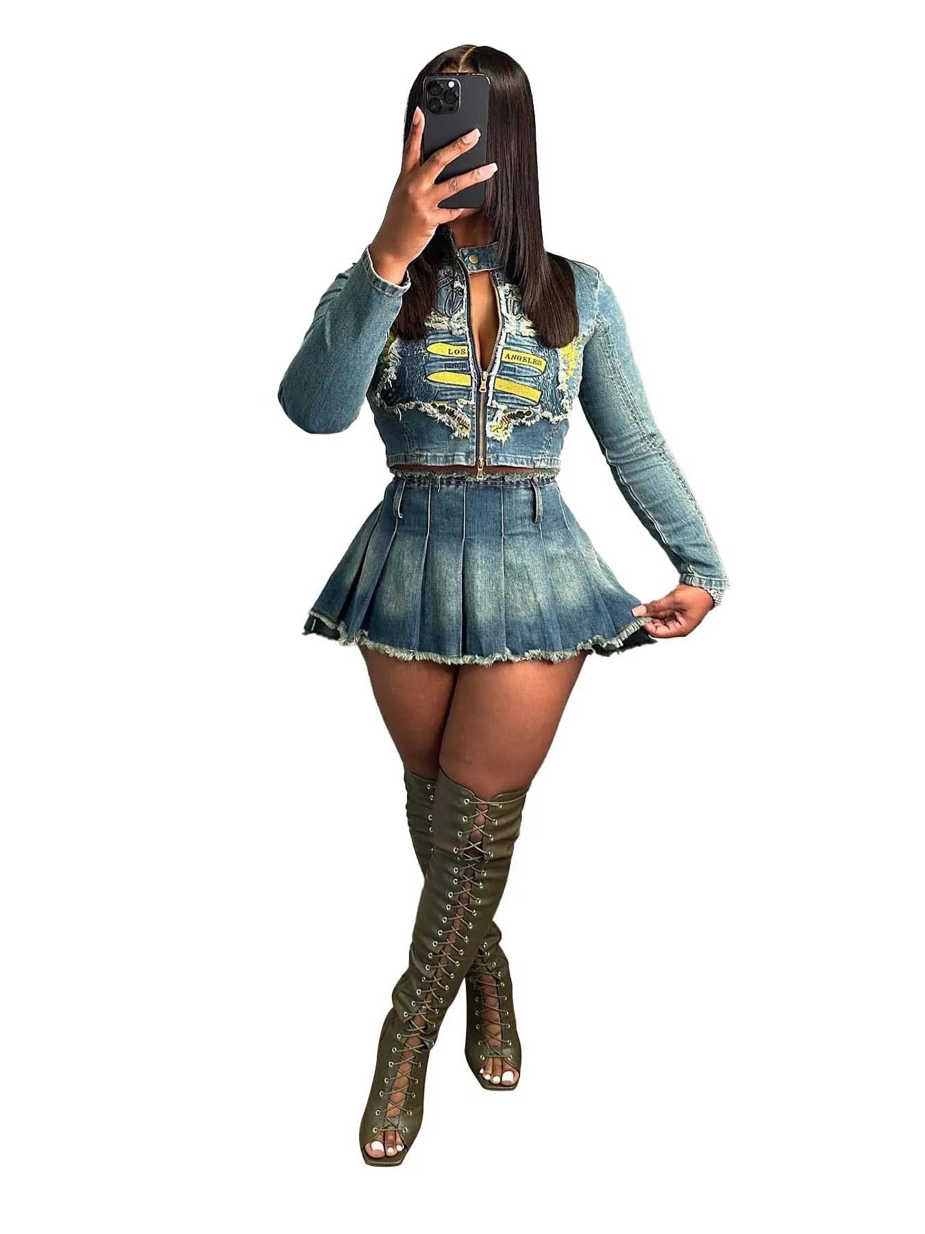 CM.YAYA Denim Women's Set Letter Embroidery Full Sleeve Jacket and Pleated Skirts Suits Streetwear Sexy Two 2 Piece Set Outfits