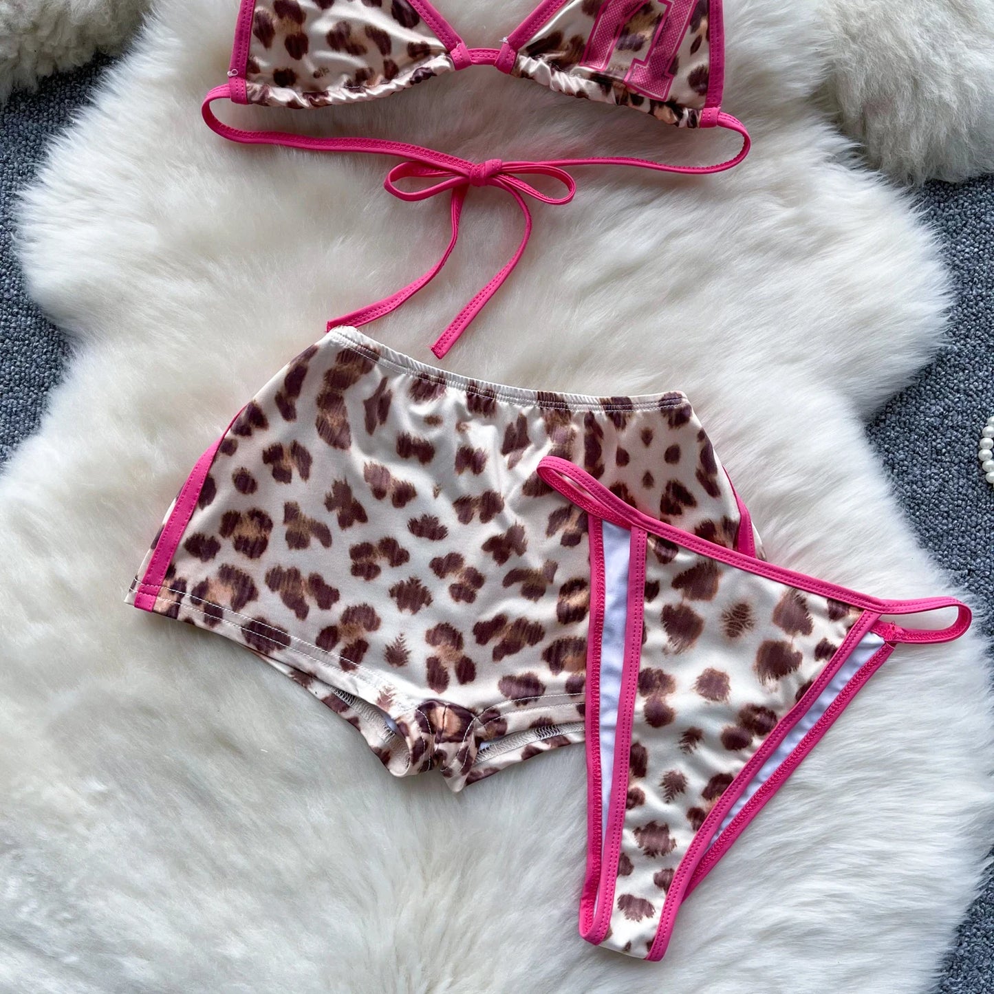 SINGREINY Leopard Bikini Hotsweet Three Piece Set Halter Bra+Slim Shorts+Mini Briefs 2024 Women Lace-Up Backless Sexy Suits
