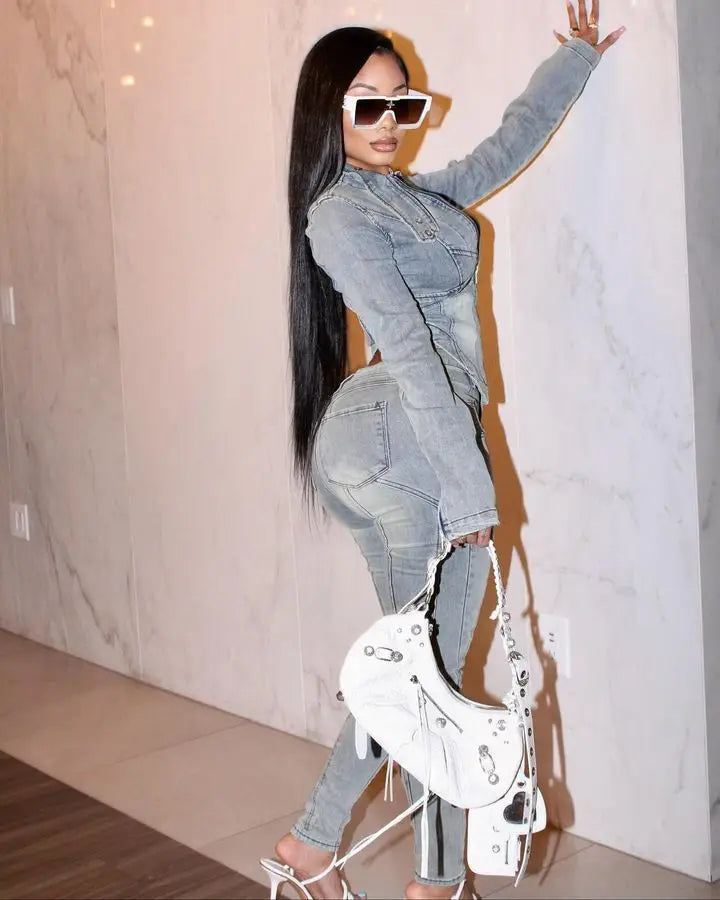 CM.YAYA Fashion Denim Women's Set Full Sleeve V-neck Jacket +Jeans Pants 2024 Fall Streetwear Two 2 Piece Sets Outfit Tracksuit