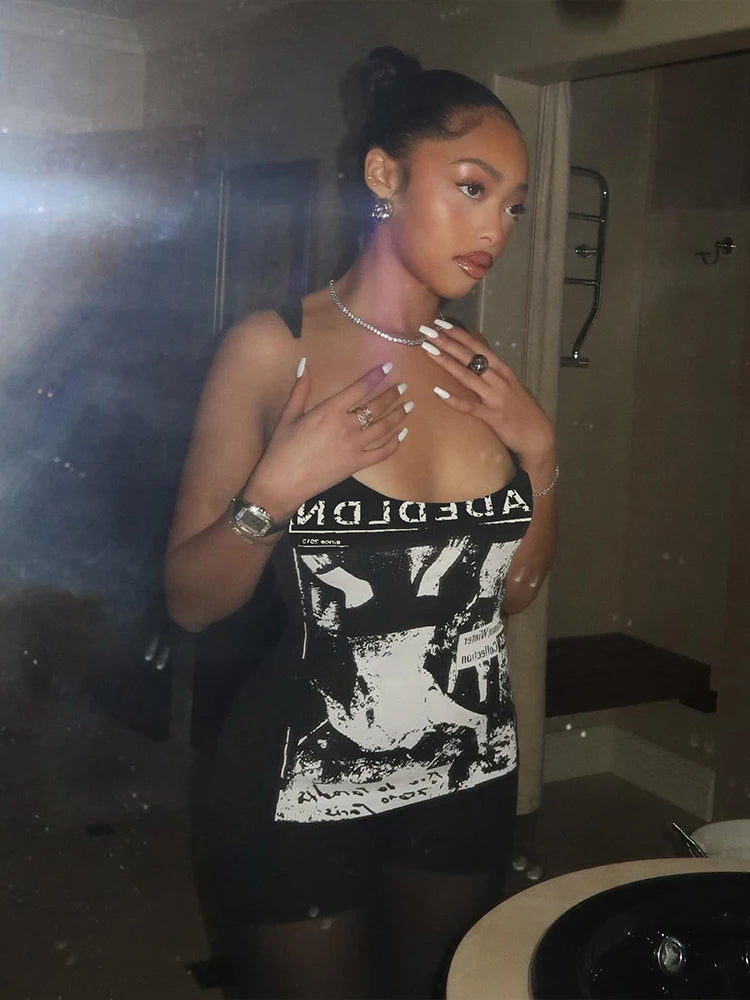kliou Modern Printed Women Vests Vintage Sexy New Low Neck Ribbed Stretch Lengthen Tank Tops Female Trend Attractive Streetwear
