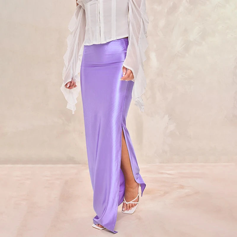 CUTENOVA Stain Long Solid Color Skirt Elegant High Waist Side Split Maxi Skirts Party Sexy Clothes for Women Autumn 2024