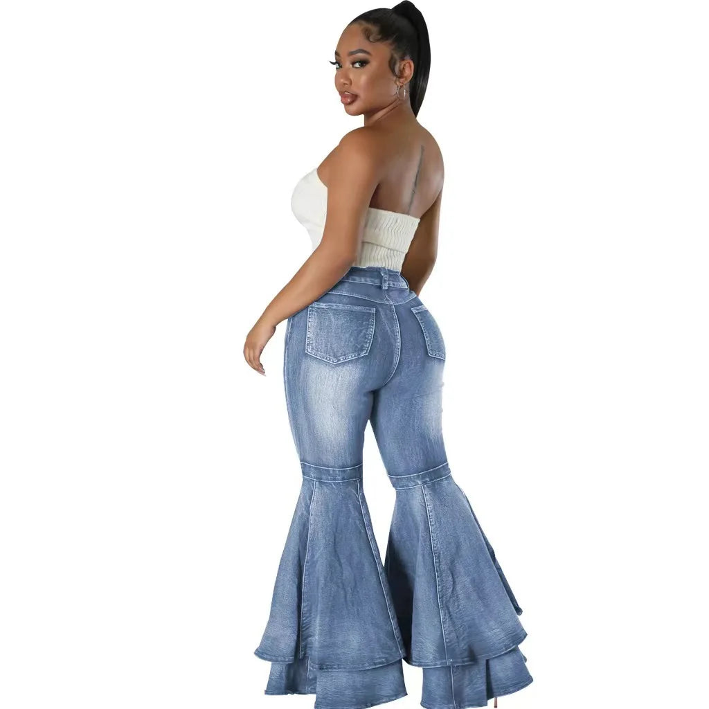 Fashion Versatile Wide Leg Washed Denim Stretch Flared Pants Women