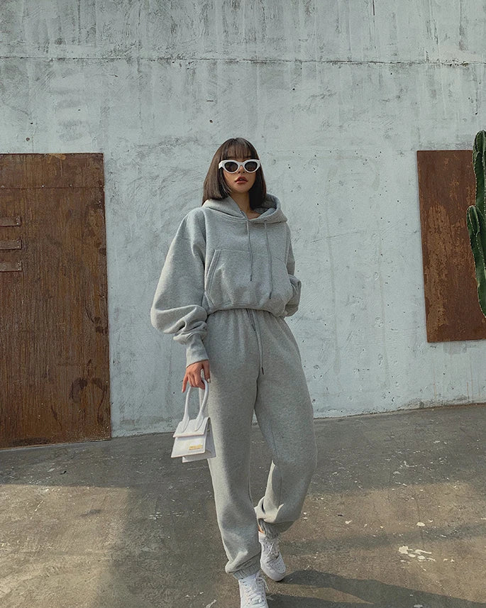 Casual New Fashion Hoodies Suit Women Winter Spring Solid Tracksuit Two Pieces Set Sports Pullover Sweatpants Sweatshirt Mujer