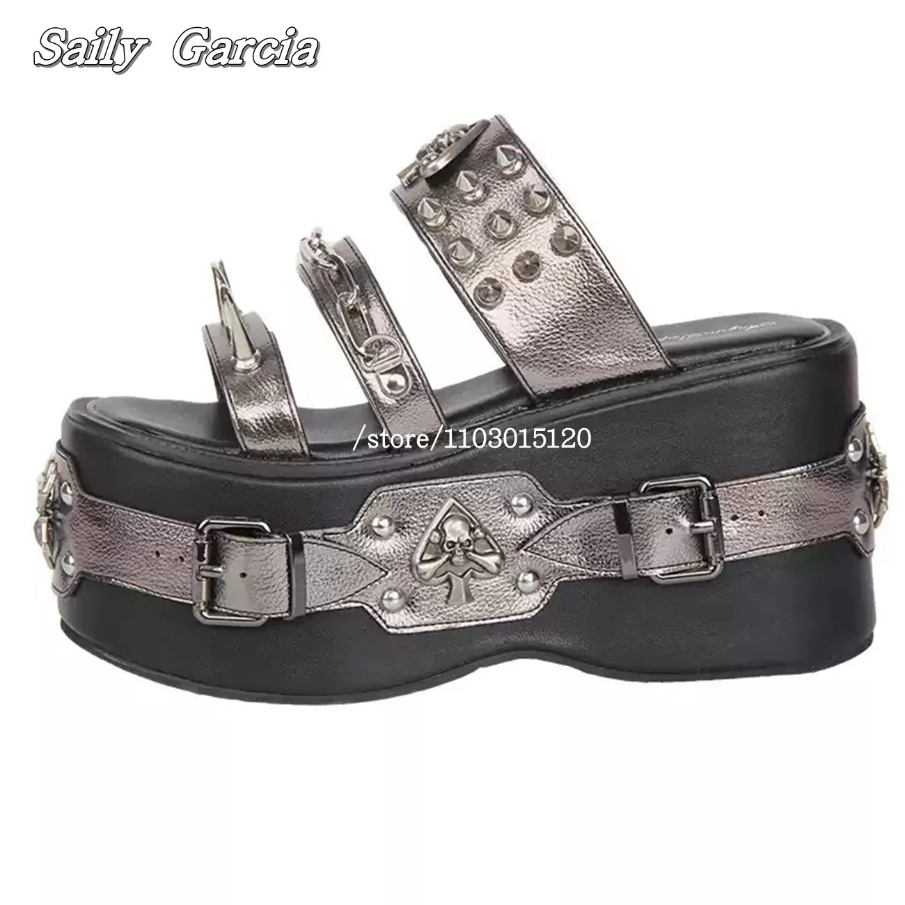 Punk Style Metal Rivet Thick Sole 10CM Heel Slippers Open Toe Size 34-47 Original Customization Y2K Slides Silver Hollow Sandals