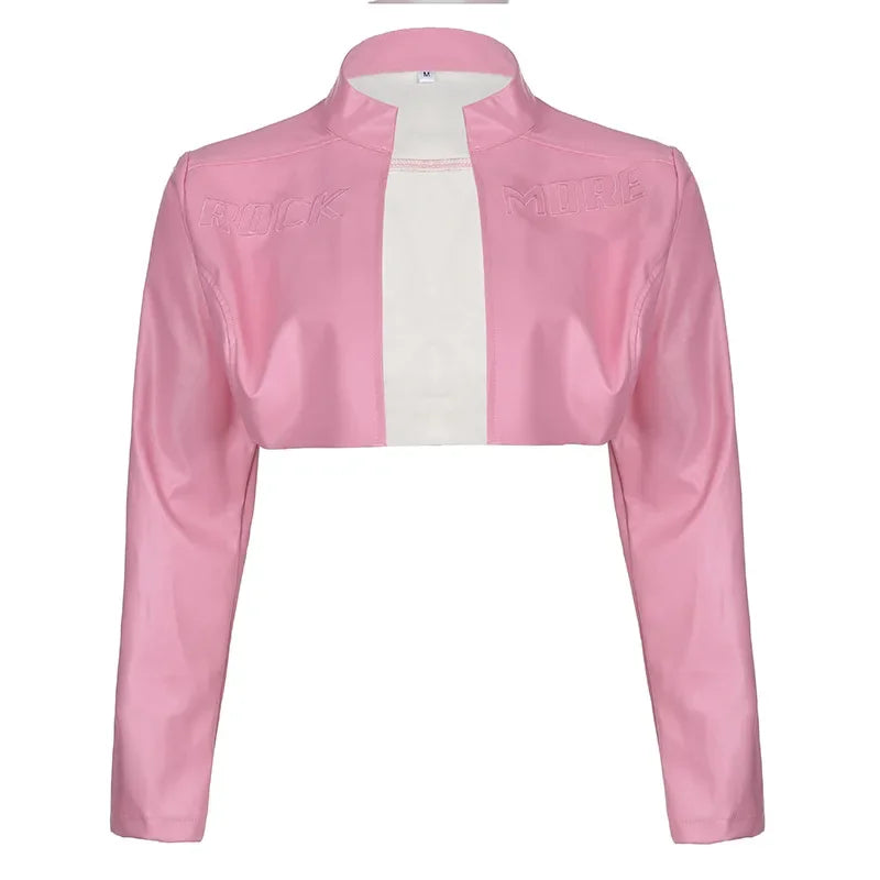FAGADOER Y2k Punk Gothic Leather Jacket Women Cropped Lapel Letter Embroidery Moto Jackets Coat Short Female Streetwear New