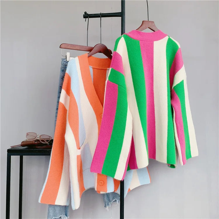 Joskaa Striped Patchwork Knitted Cardigan Women V-Neck Long Sleeve Single Breasted Sweater Coat Autumn 2023 Outwear Streetwear
