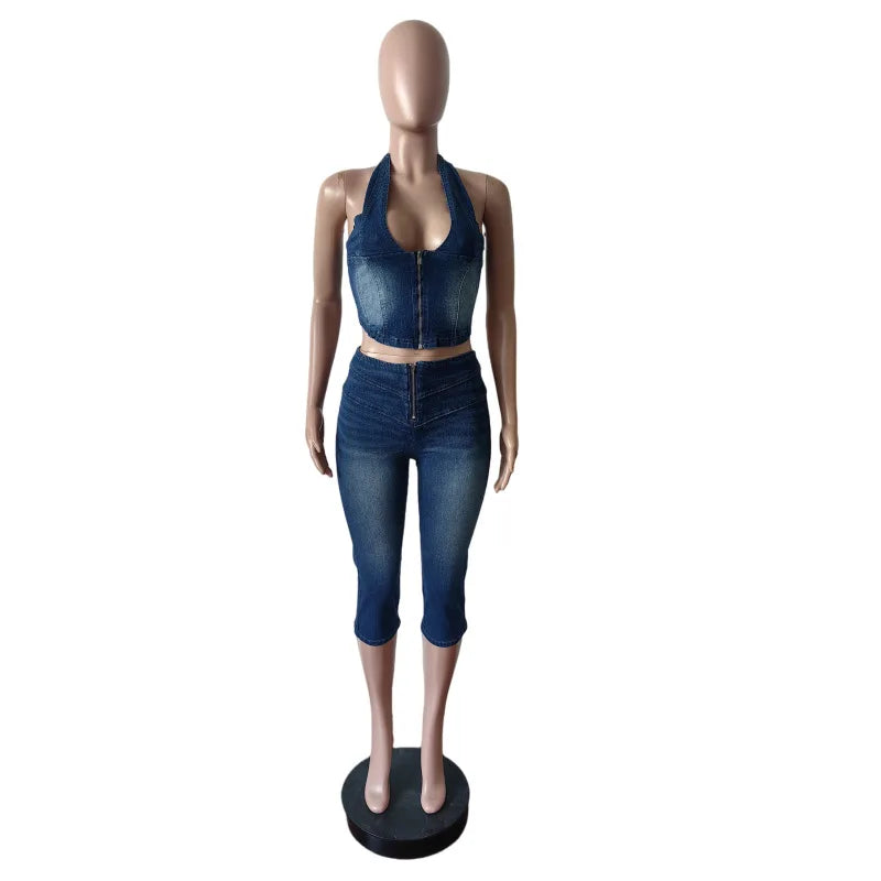 CM.YAYA Fashion ZIP Denim Women's Set sleeveless Crop Top and Calf Length Jeans Pants 2025 Two 2 Piece Sets Outfits Tracksuit