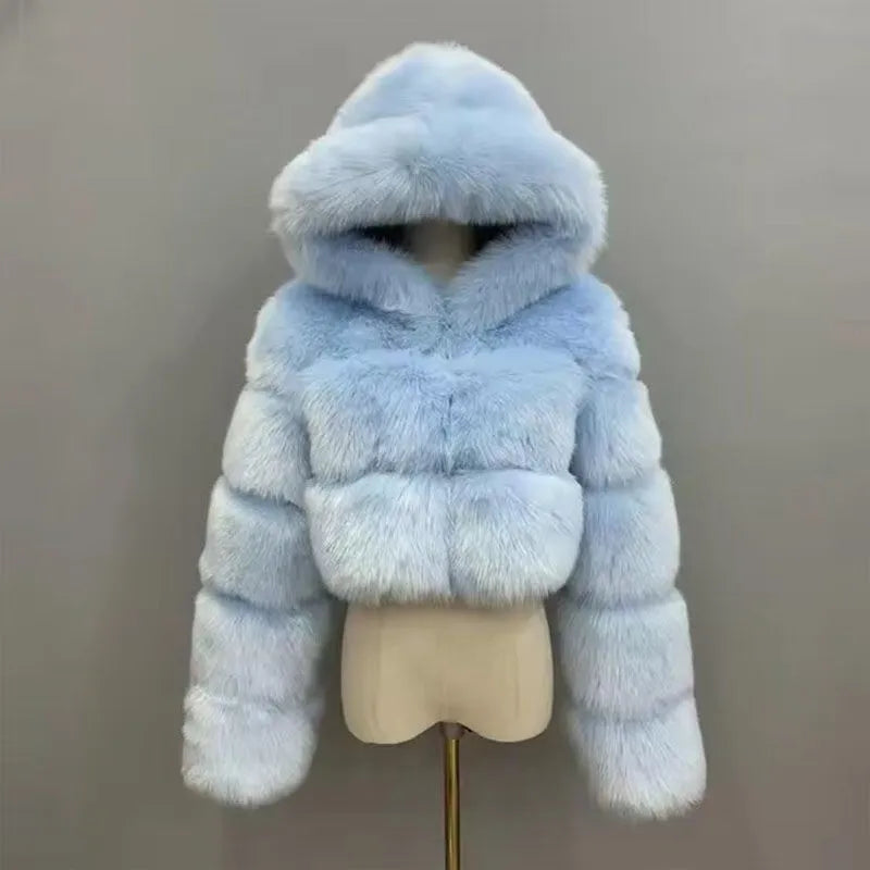 S-6XL Women Coat Autumn Winter Short Hooded Faux Fox Fur Coat Thick Warm Outerwear Fake Fur Woman Jackets Ladies Furry Coats