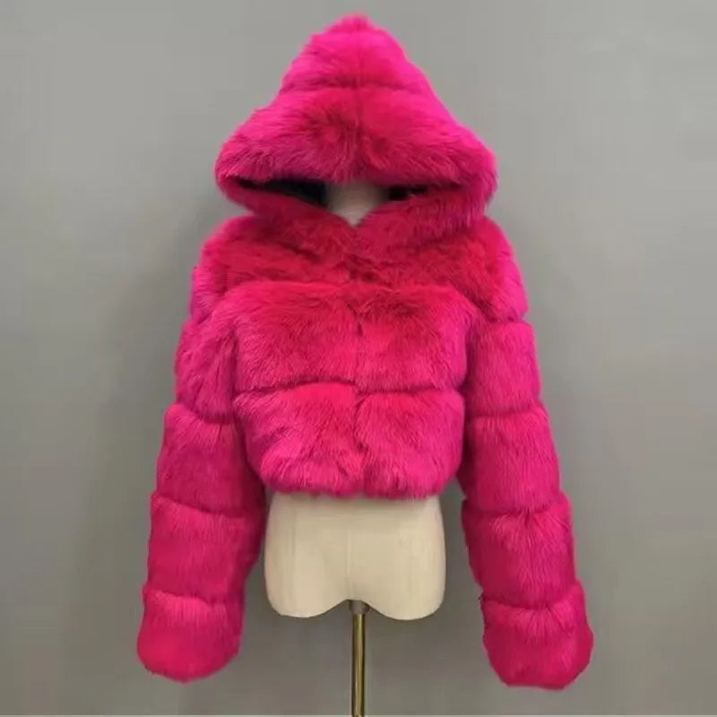 S-6XL Women Coat Autumn Winter Short Hooded Faux Fox Fur Coat Thick Warm Outerwear Fake Fur Woman Jackets Ladies Furry Coats