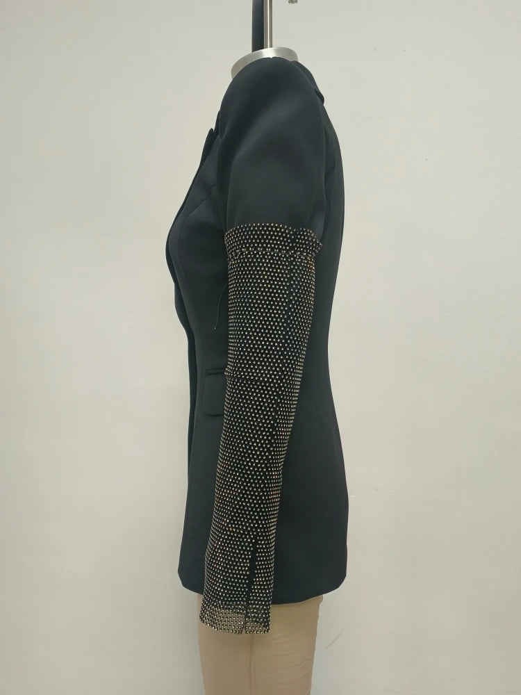 Sexy V Neck Long Sleeve Blazer With Rhinestone Sleeve Women Black Diamond Patchwork Slim Jacket Evening Party Club Cocktail Coat