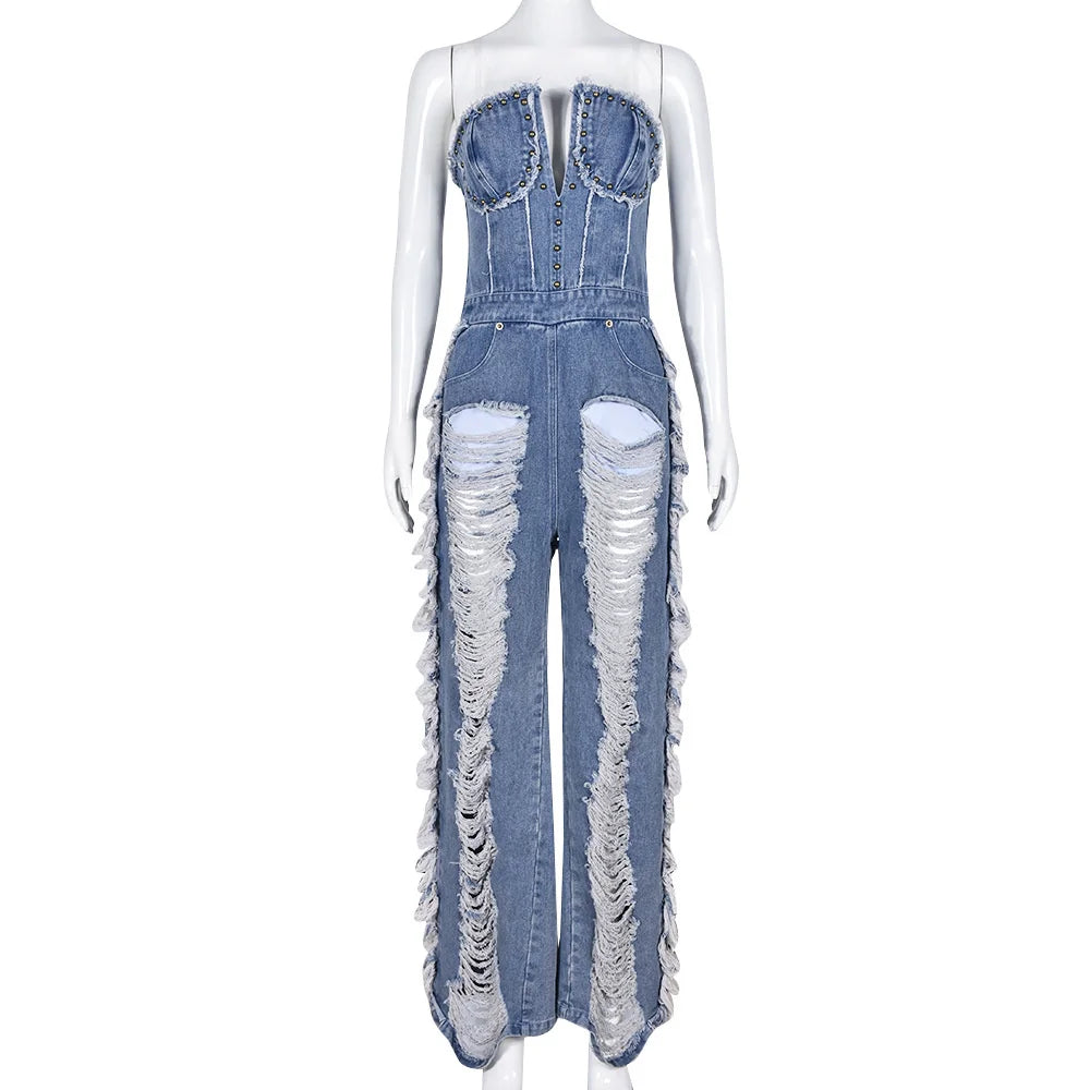 Sibybo Tassel Hollow Out Overalls For Women Studded Diamond Strapless Backless Jeans Street Fashion Trend Jumpsuite Femme