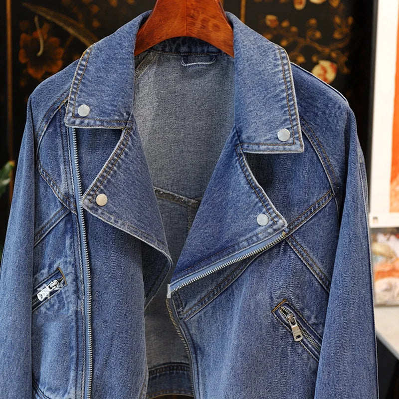 Fitaylor Spring Autumn Women Denim Jacket Casual Lady Moto Biker Coat Vintage Lapel Zipper Jacket