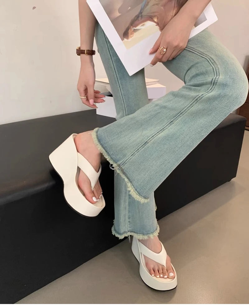Design Summer Chunky Woman Slippers Fashion Platform Wedges High Heel Silvery Ladies Shoes Zapatillas De Mujer