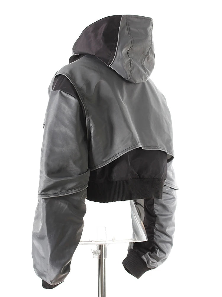 DEAT Fashion Women's Jackets Hooded Zipper Short Contrast Color Drawstring Deconstruction Coat Autumn 2025 New Tide 7AB4742
