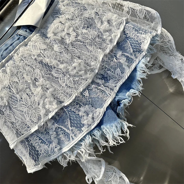 Ruffle Leaf Edge Irregular Curtain Skirt Sweet A Line Skirt Lace Splicing Denim Shorts Street Hipster Denim Shorts Women