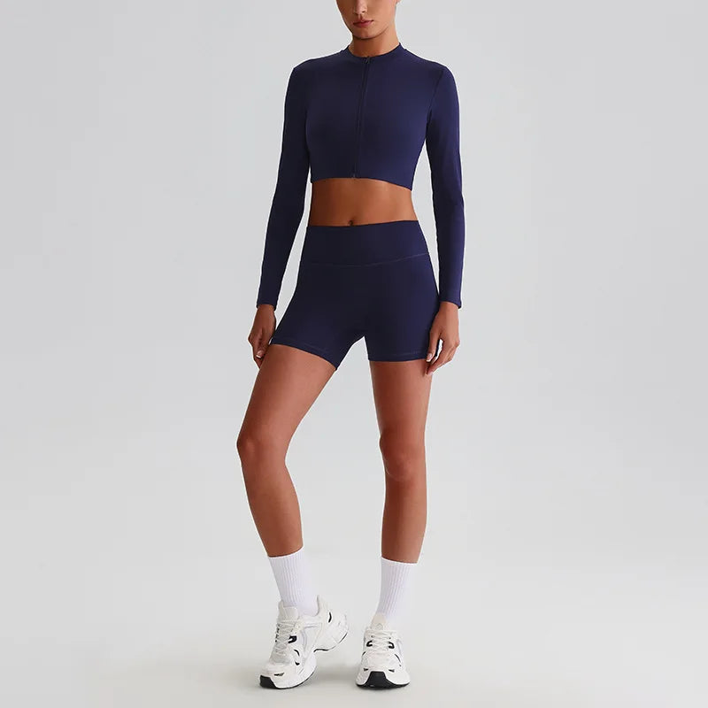 Customized LOGO Women's Skin-friendly Sports Yoga Clothing Slim Elastic Jacket Fitness Shorts Long Sleeve Two-piece Set