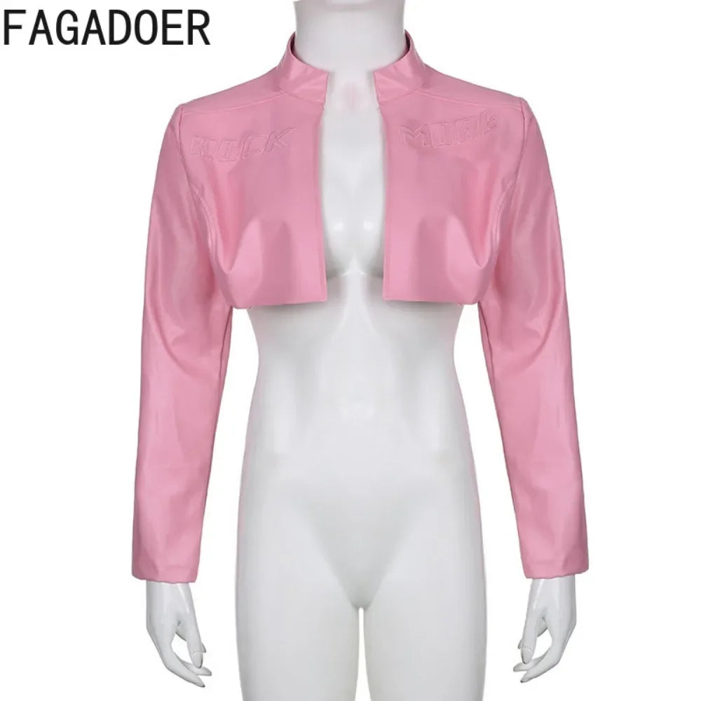 FAGADOER Y2k Punk Gothic Leather Jacket Women Cropped Lapel Letter Embroidery Moto Jackets Coat Short Female Streetwear New