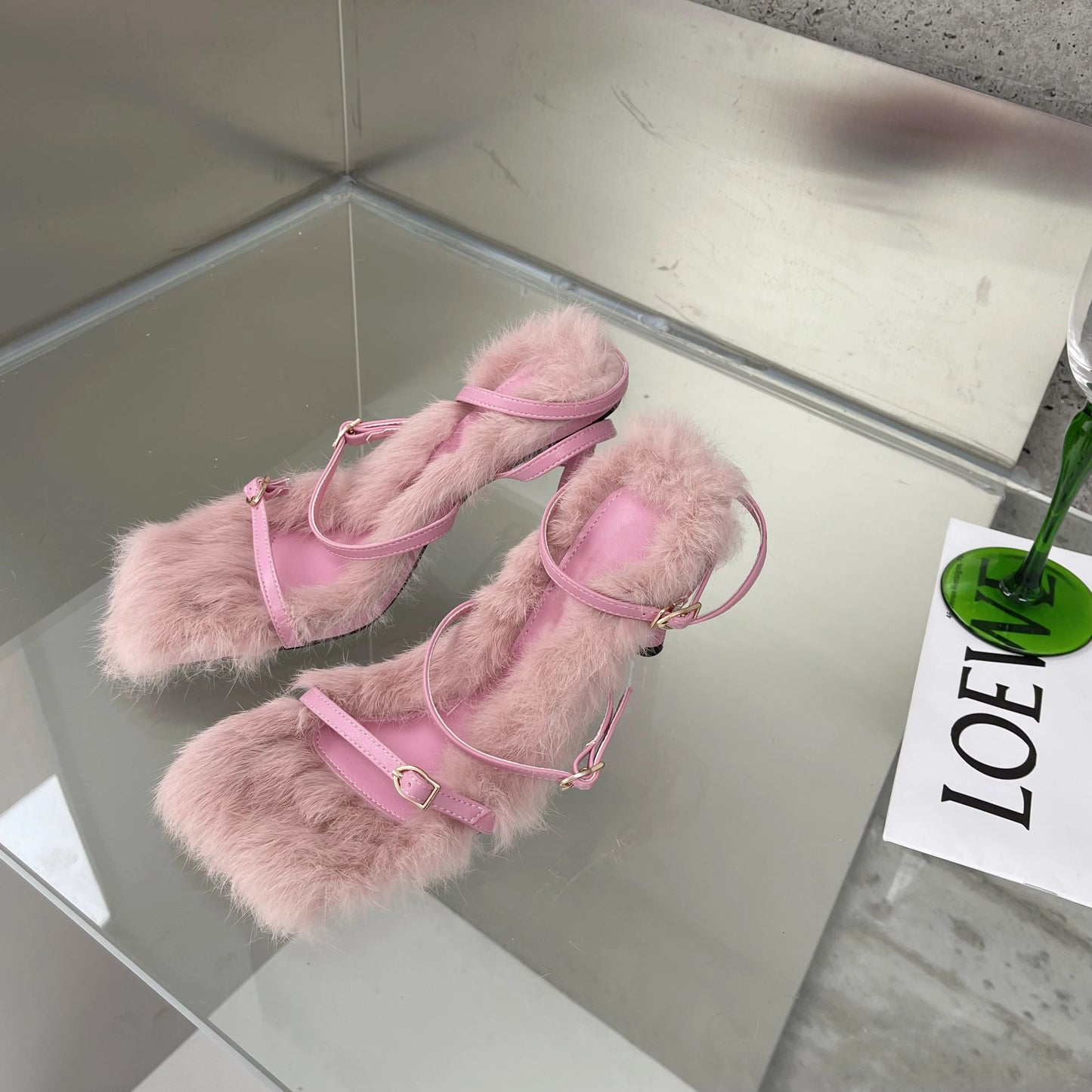 Eilyken 2025 New Brand Plush Fur Fuzzy Sandals Women Thin Heels Fashion Square Toe Ankle Lace Up Buckle Strap Slides Shoes