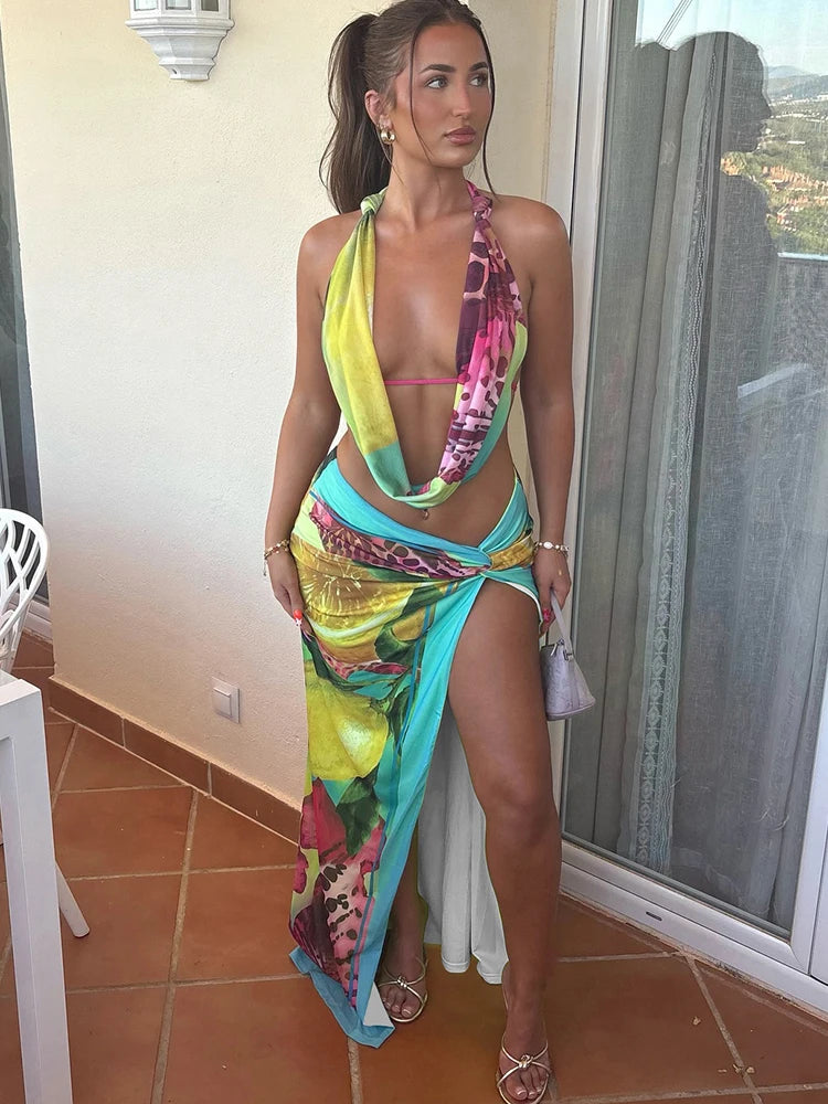 Weird Puss Colorful Leopard Women 2 Piece Set Y2K Beach Vacation Halter Tank Tops+Wrapped Maxi Skirts Matching Vacation Clubwear