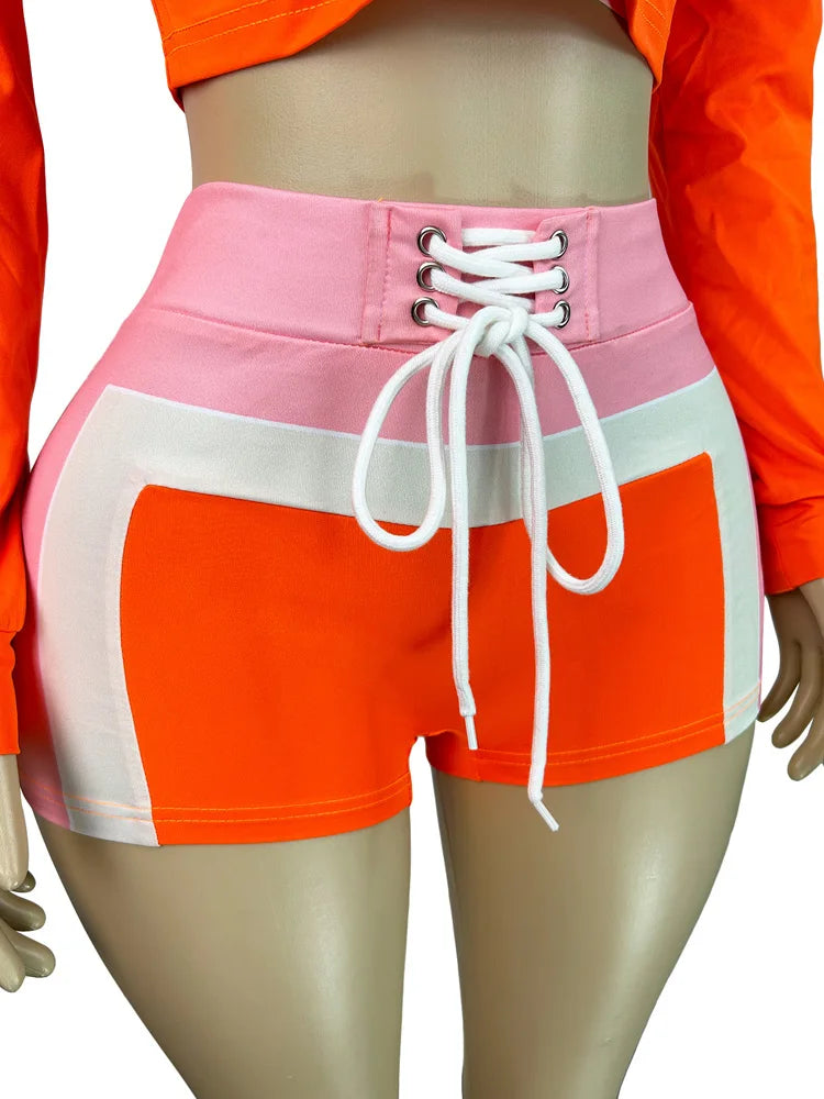 Beyprern Summer Red Color Block Tank Sweatshirt Shorts Set 3 Piece Outfits Women Lace-Up Bikini Set Swimsuits Night Clubwear
