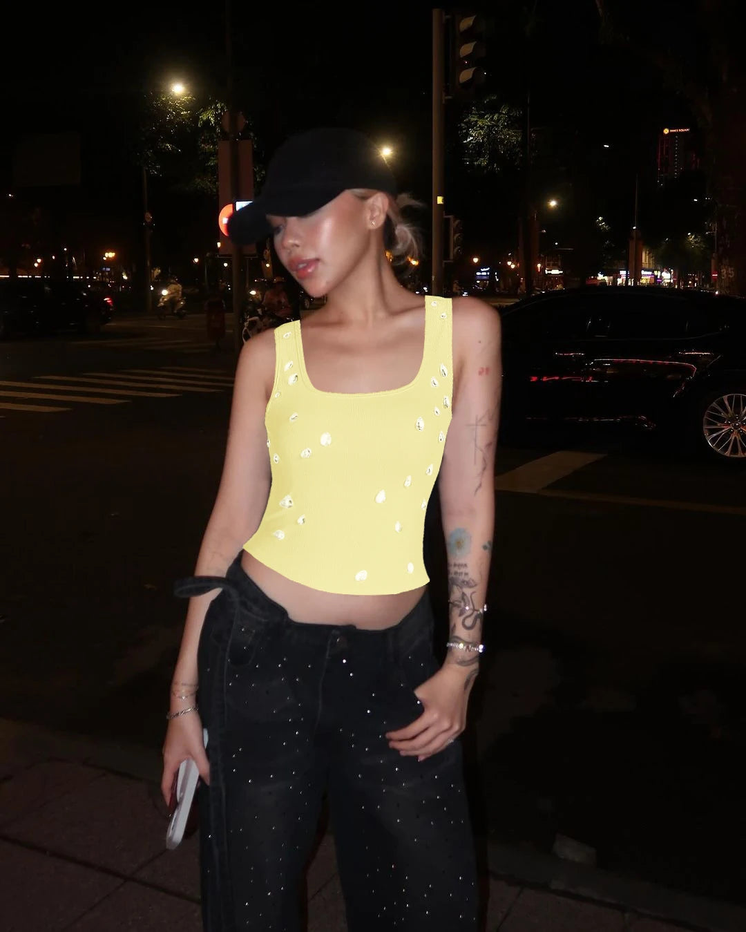 Dulzura Ribbed Sleeveless Water Droplets Diamond Decorated Tank Sexy Casual Bodycon Top Party Club Streetwear Spring Summer