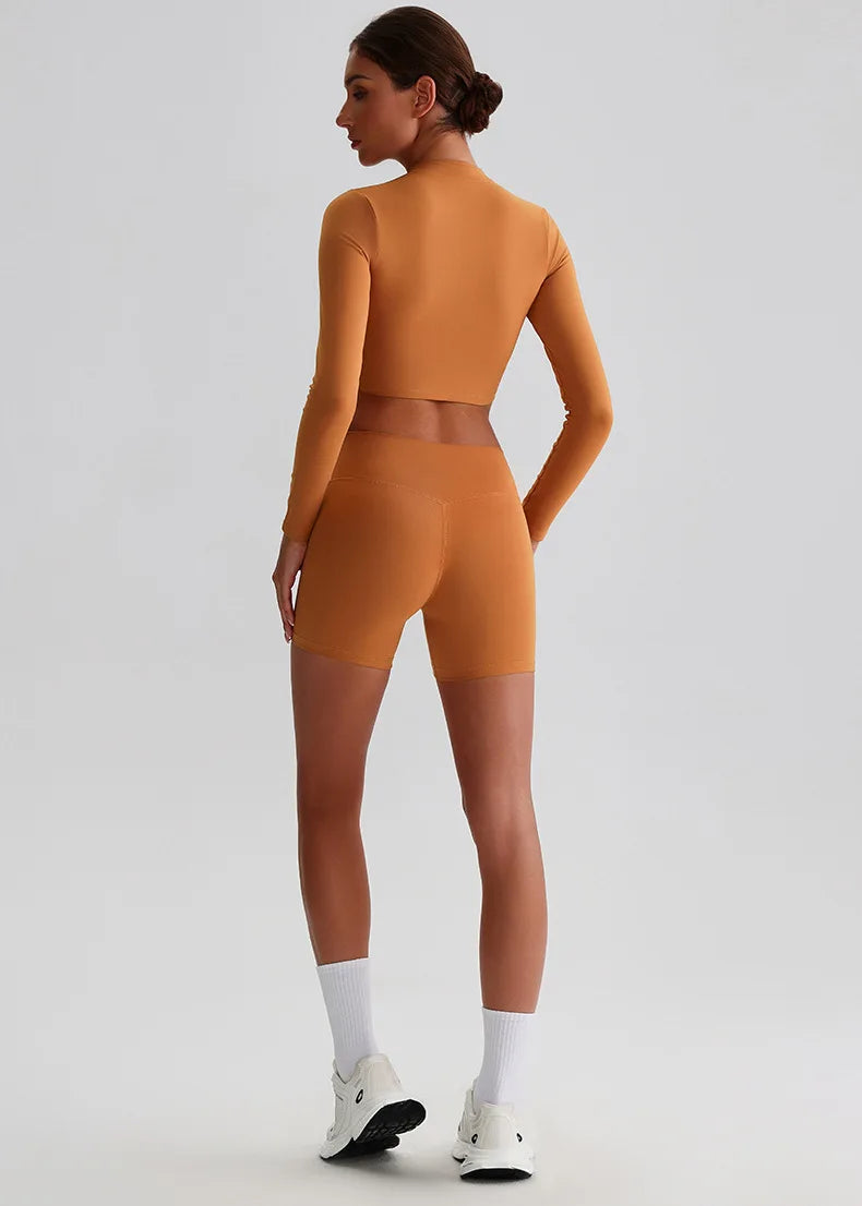 Customized LOGO Women's Skin-friendly Sports Yoga Clothing Slim Elastic Jacket Fitness Shorts Long Sleeve Two-piece Set