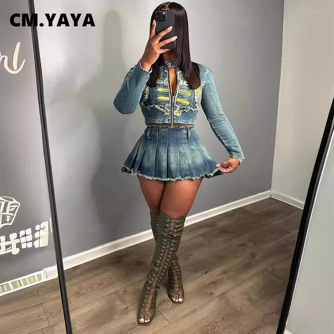 CM.YAYA Denim Women's Set Letter Embroidery Full Sleeve Jacket and Pleated Skirts Suits Streetwear Sexy Two 2 Piece Set Outfits