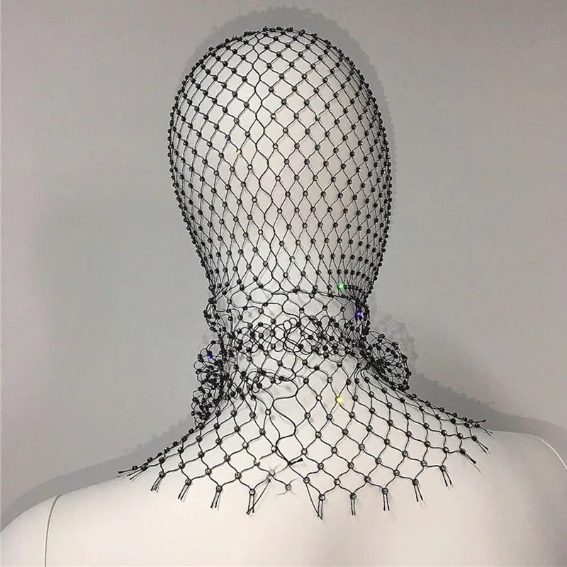 Women Balaclava Elastic Rhinestone Turban Ladies Shining Fishnet Headhood Club Rave Party Head Mask Diamond Headwrap Headcover