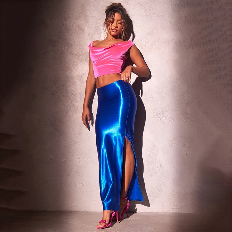 CUTENOVA Stain Long Solid Color Skirt Elegant High Waist Side Split Maxi Skirts Party Sexy Clothes for Women Autumn 2024