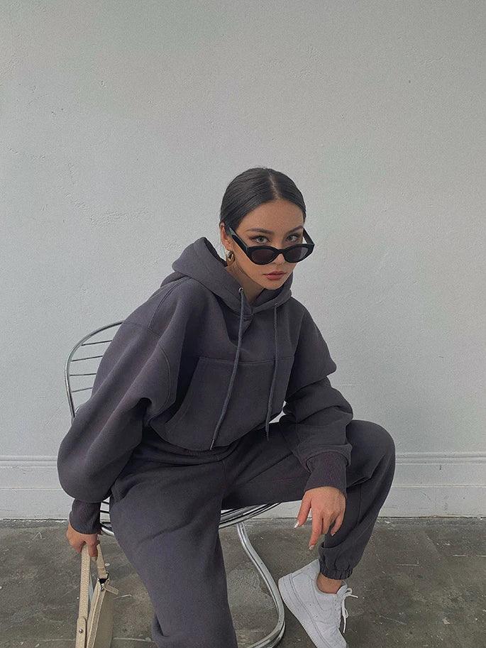 Casual New Fashion Hoodies Suit Women Winter Spring Solid Tracksuit Two Pieces Set Sports Pullover Sweatpants Sweatshirt Mujer