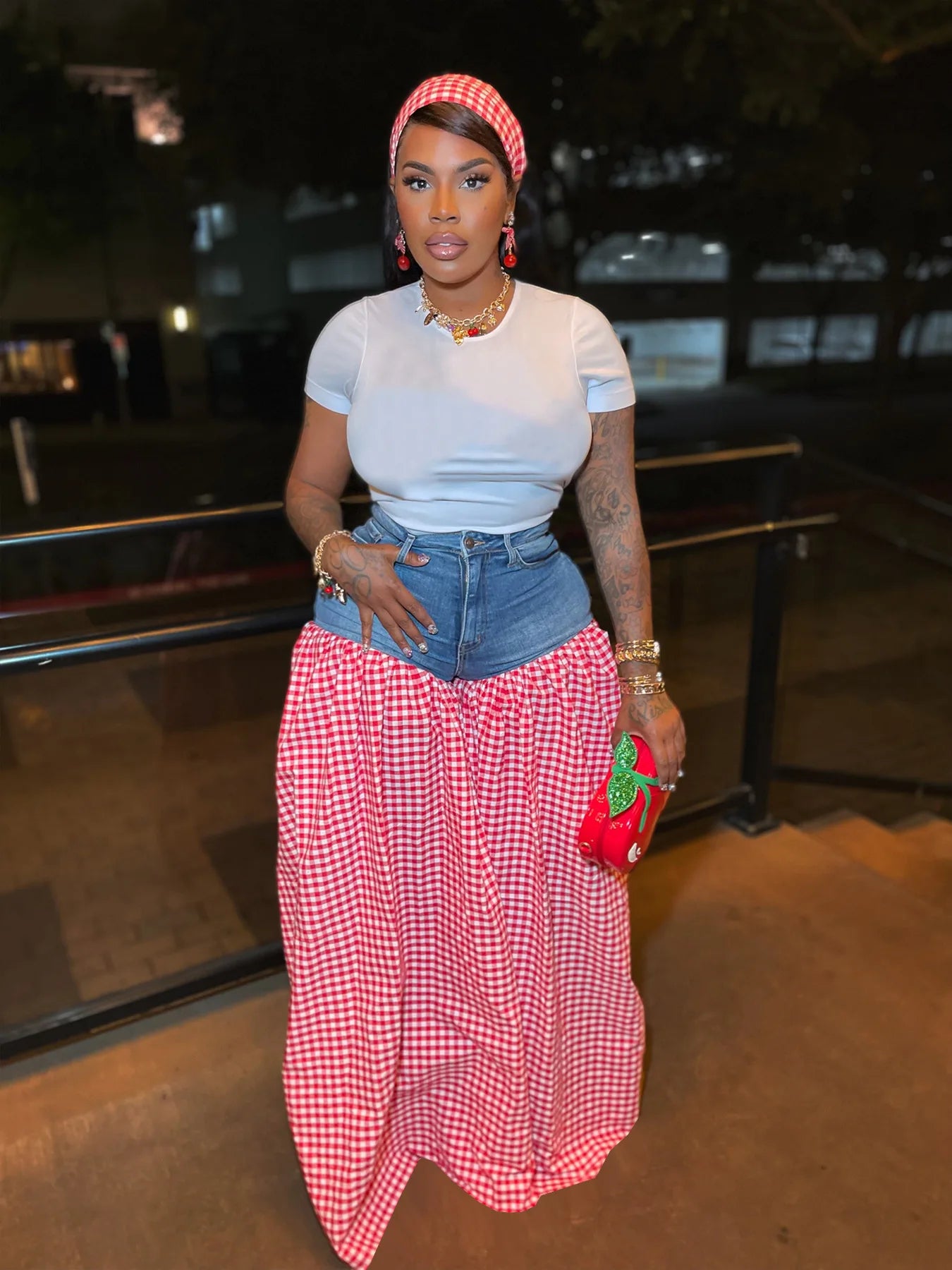 CM.YAYA Fashion Women Plaid Denim Patchwork Loose Wide Leg Jogger Pants 2025 Streetwear Active Hip Hop Sweatpants Trousers