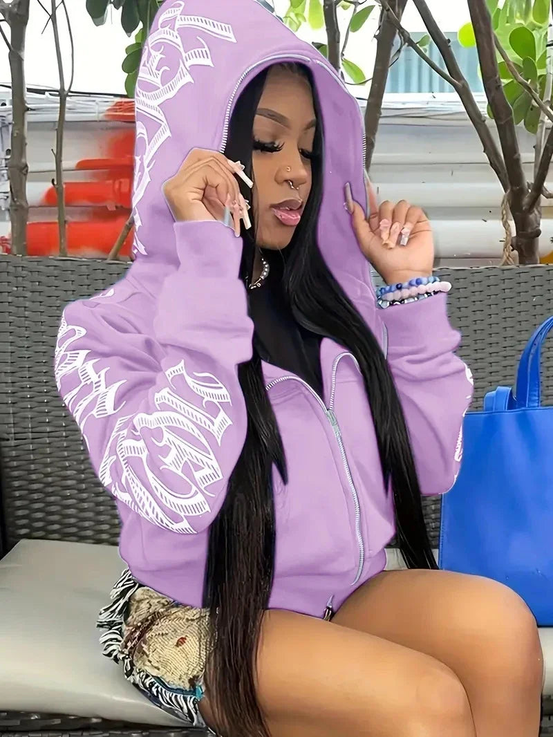 New 2024 Winter Letter Printed Zip Up Hoodie Streetwear Women Cyber Y2k Jackets Cardigan Gothic Punk Clothes Sweatshirts