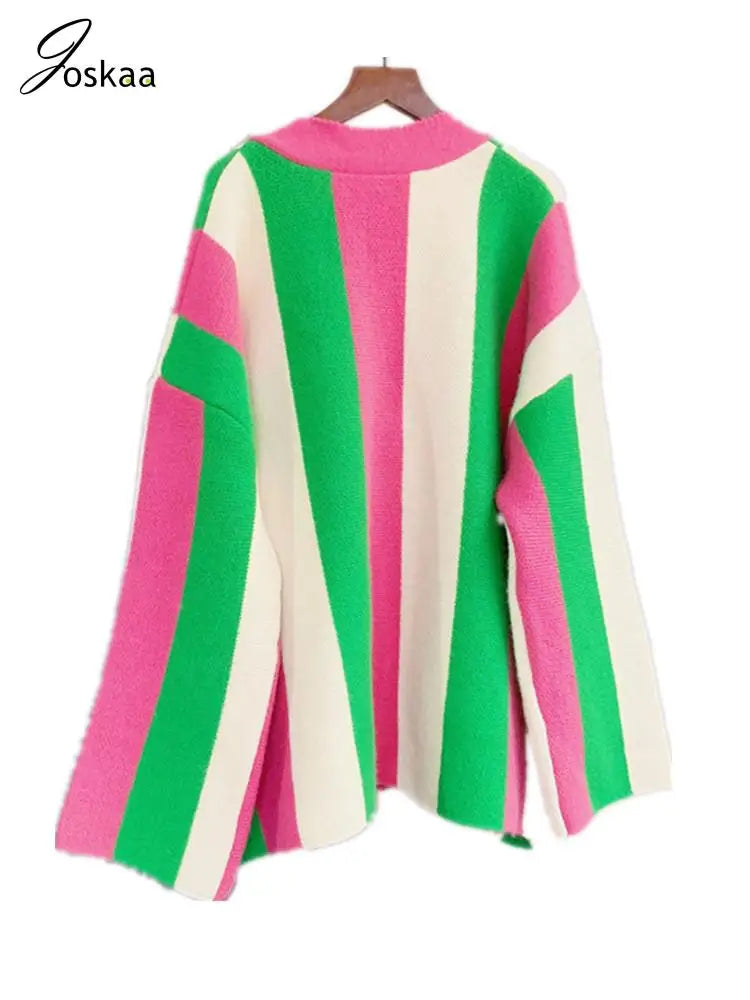 Joskaa Striped Patchwork Knitted Cardigan Women V-Neck Long Sleeve Single Breasted Sweater Coat Autumn 2023 Outwear Streetwear