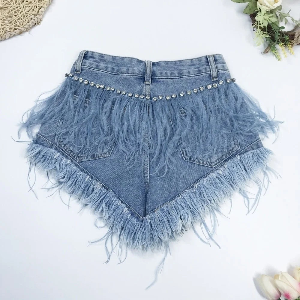 Rhinestone Beaded Exquisite Feather High Waist Denim for Women's Blue Jeans Shorts DS Nightclub Sexy Hot Pants Fashion