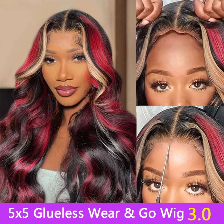 1B/27/Red With Black Blonde Highlight Wig 30 Inch 5x5 Glueless Body Wave Colored Wear And Go Wigs 180 Density Human Hair Wigs