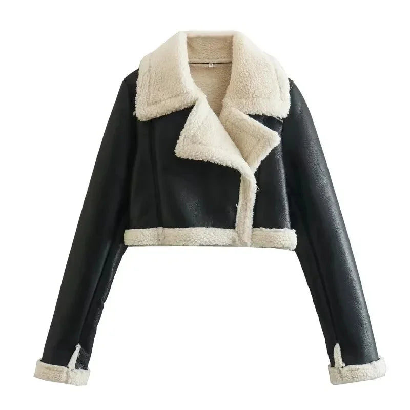 Winter New Women's Faux Fur Lined Short Jacket Double-sided Zipper Collar Leather And Fur Double-sided Short Coat