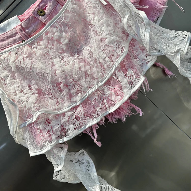 Ruffle Leaf Edge Irregular Curtain Skirt Sweet A Line Skirt Lace Splicing Denim Shorts Street Hipster Denim Shorts Women