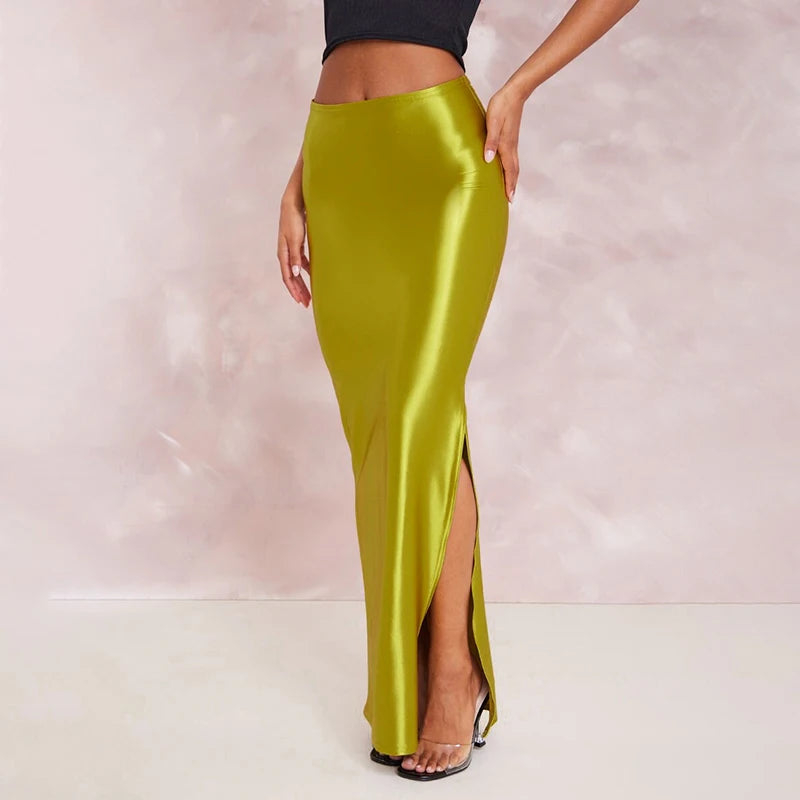 CUTENOVA Stain Long Solid Color Skirt Elegant High Waist Side Split Maxi Skirts Party Sexy Clothes for Women Autumn 2024