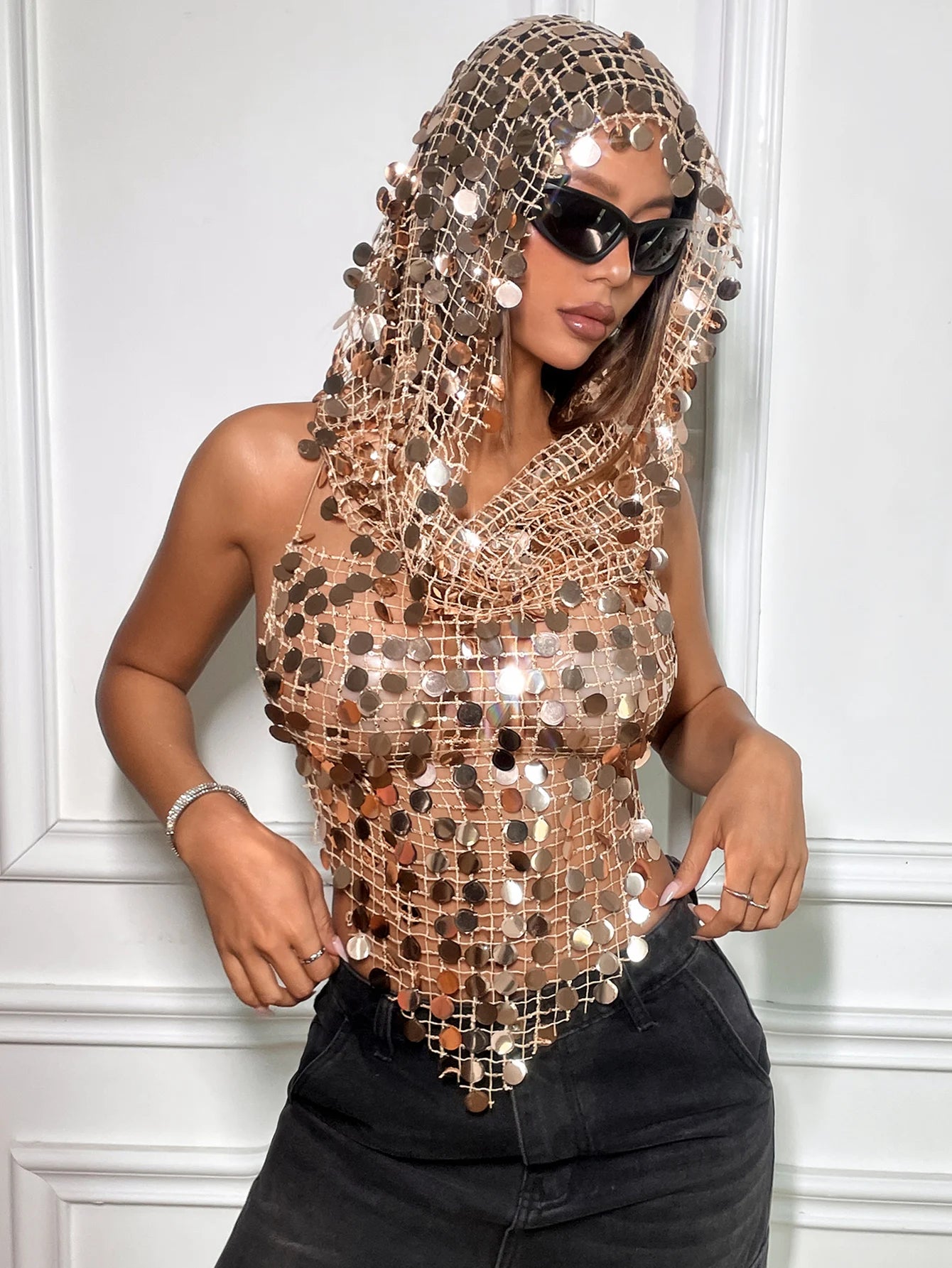 Women Acrylic Sequins Tank Top With Hat 2 Pcs Set Sexy Hollow Out See Through Backless Camisole Rave Festival Party Crop Top New