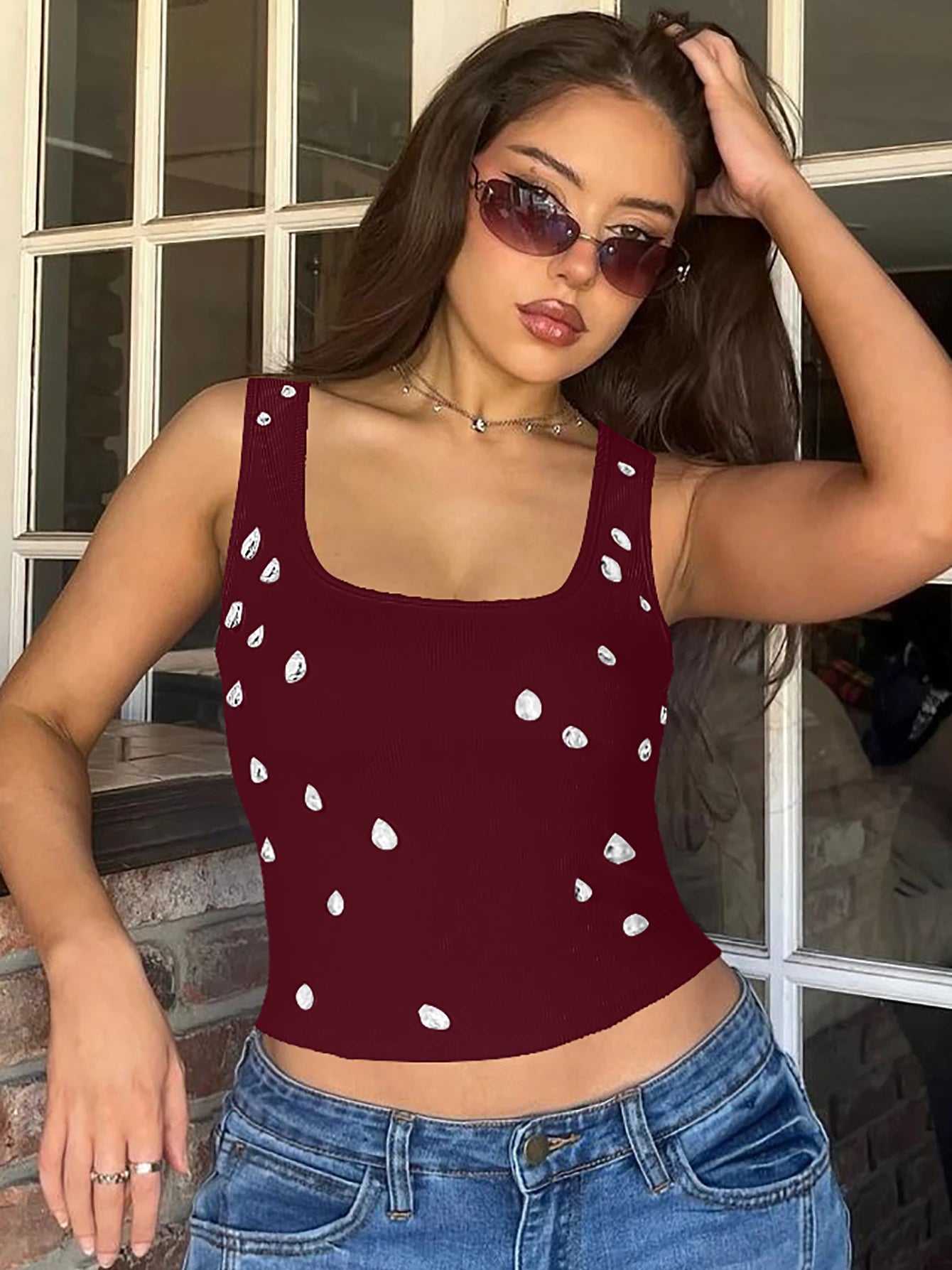 Dulzura Ribbed Sleeveless Water Droplets Diamond Decorated Tank Sexy Casual Bodycon Top Party Club Streetwear Spring Summer