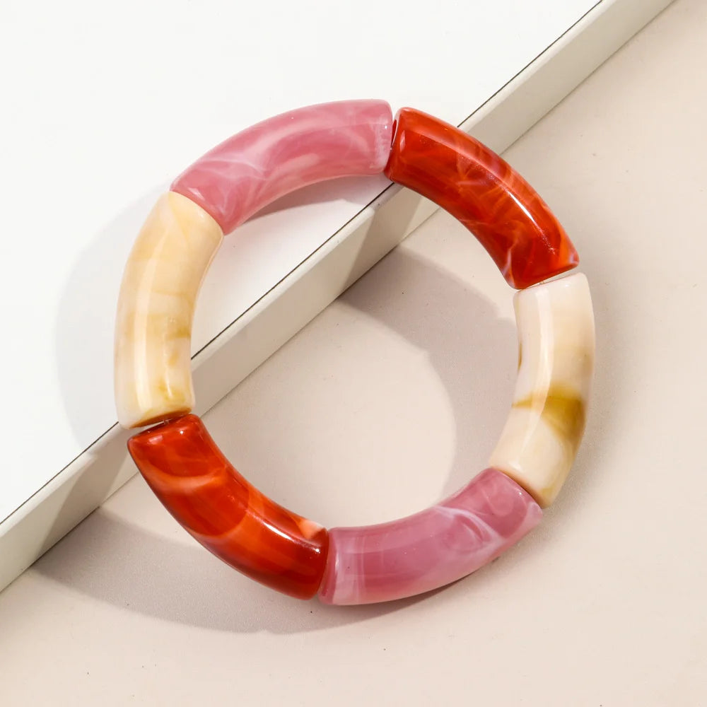 FishSheep Trendy Acrylic Stacked Bamboo Beads Bangles Bracelets for Women Bohemian Resin Elastic Beaded Bracelets Set Jewelry