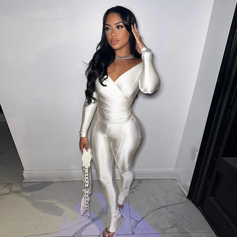 Simenual Casual Skinny Women Two Piece Set Sexy Deep V Crop Tops High Waist Pants Cyber Y2K Outfits Slim Co Ord Suits Streetwear