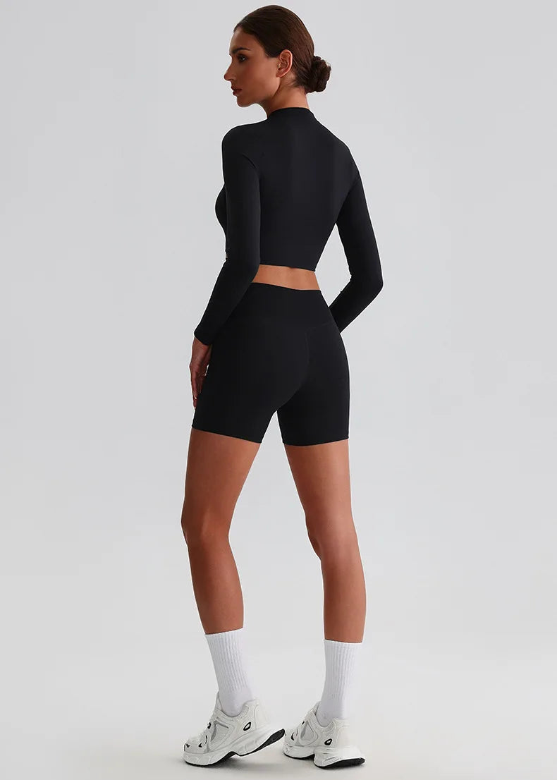 Customized LOGO Women's Skin-friendly Sports Yoga Clothing Slim Elastic Jacket Fitness Shorts Long Sleeve Two-piece Set