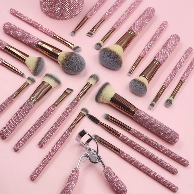 Glitz and Glam Brush Set 23pcs Bundle RHINESTONE Glam Brush Set Bling Makeup Brushes Diamond Makeup Brush Storage Bucket withbox